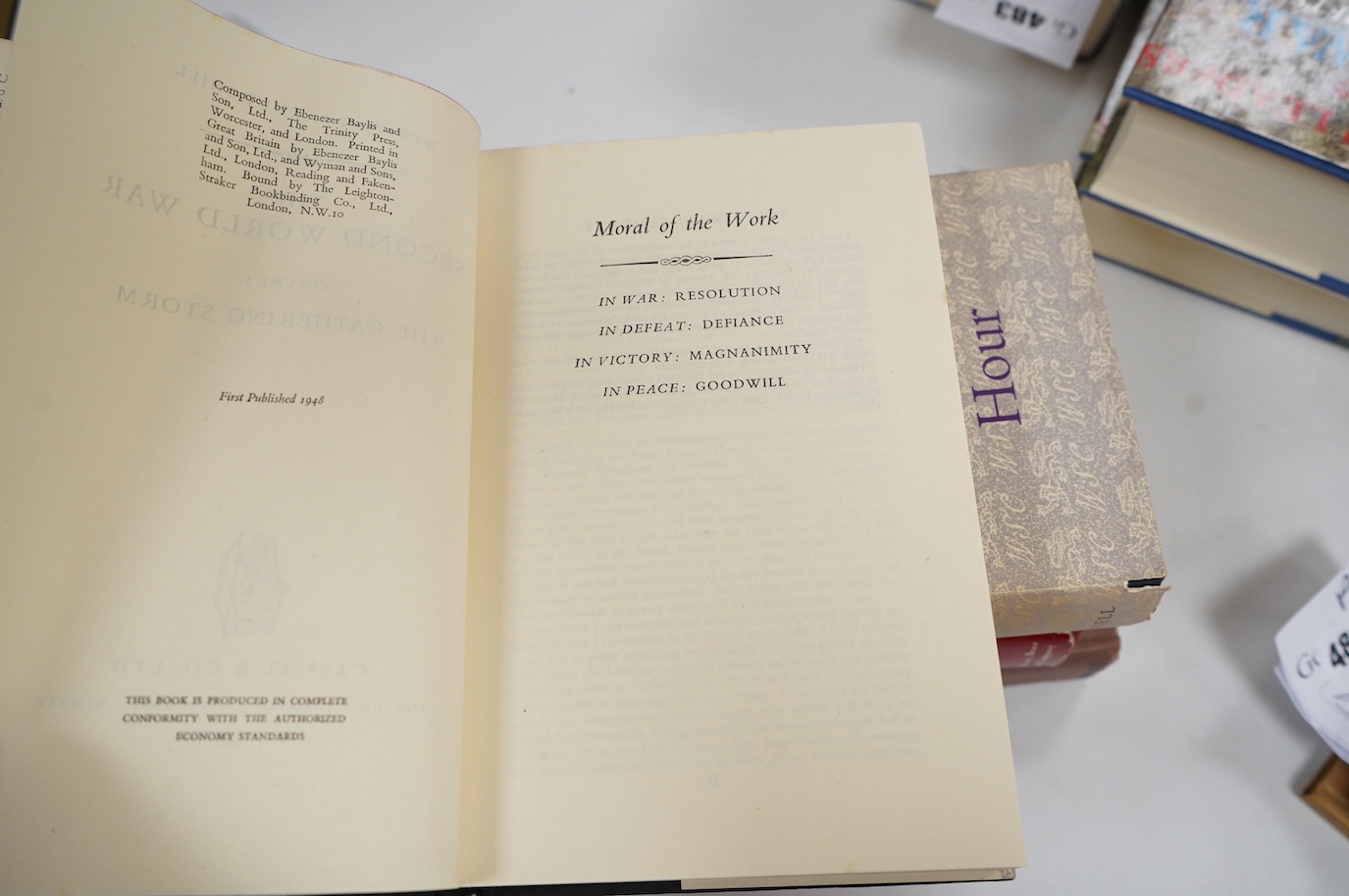 Churchill, Winston S. - The Second World War. 1st editions, 6 vols. num. maps (some folded); publisher's gilt lettered cloth and d/wrappers. 1948-54; sold with 2 other books (8)